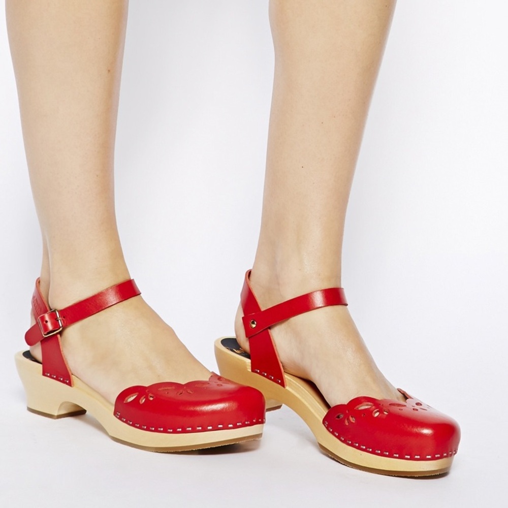 Swedish Hasbeens Red Leather Floral Clog Sandals